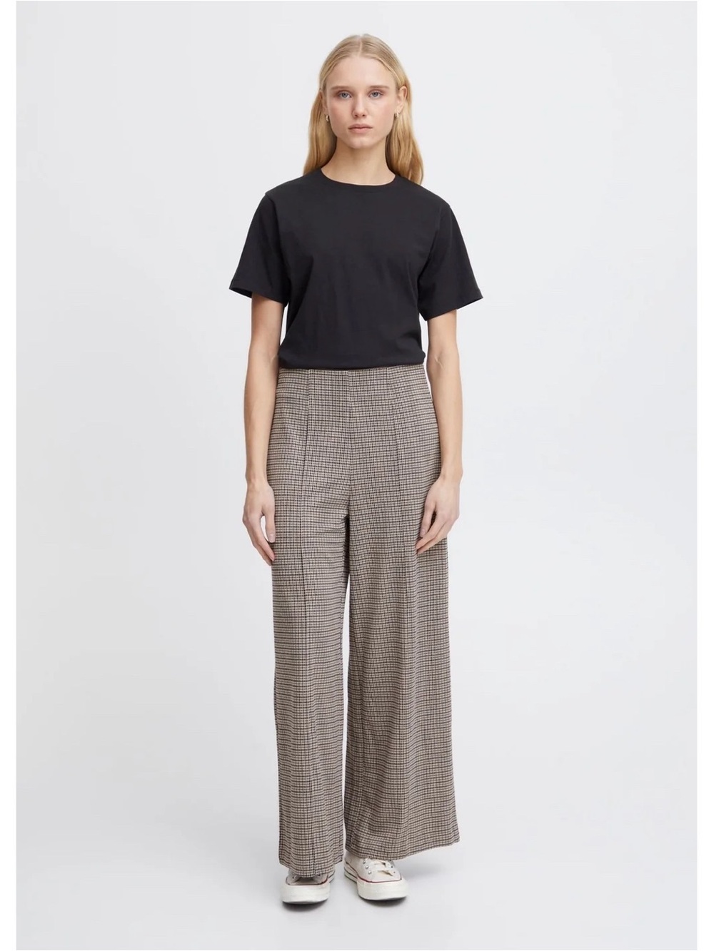 Ichi Woman Brown Black Checked High Waist Wide Leg Stretch Fabric Pants MEDIUM